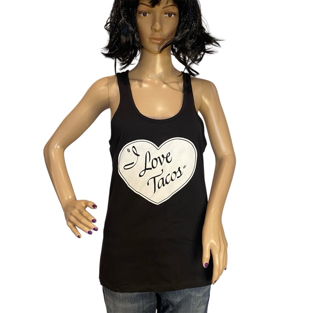 Funny Tank Top Shirt "I Love Tacos" Black White Heart Size Large VGC